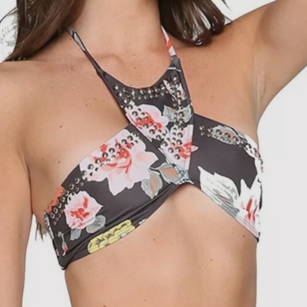 BEACH RIOT - Studded Floral Halter Bikini Top